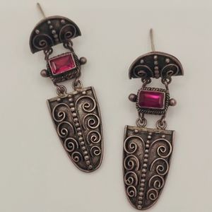 Vintage Unique Ornate Silver Red Garnet Moveable Hinged Dangling Earrings